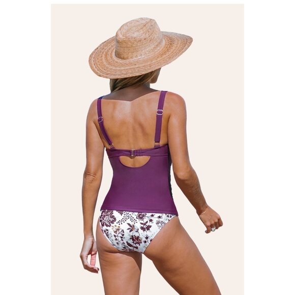 CUPSHE Purple V-Neck Cut-Out Pattern Tankini Adjustable Straps Hook Back Size Sm - Picture 3 of 16